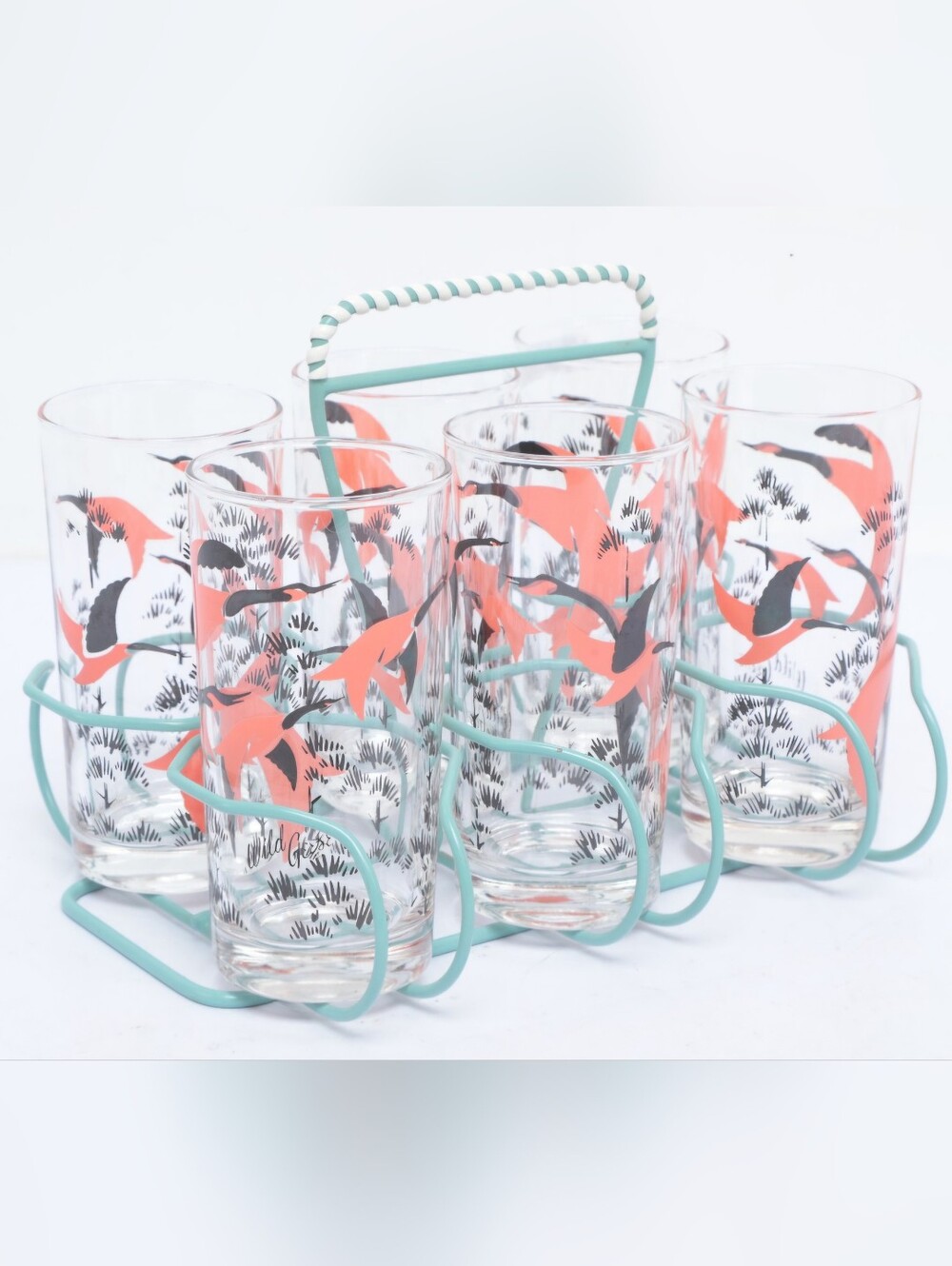 Vintage MCM Geese Highball Glasses And Caddy